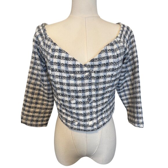 2/$30 ZARA Womens M Plaid Tweed Cropped Jacket Navy Blue/White - Picture 1 of 14